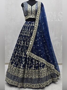 Navy Blue and Gold Embroidered Lehenga Choli Set